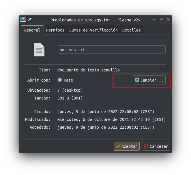 Ventana de propiedades de un fichero en KDE