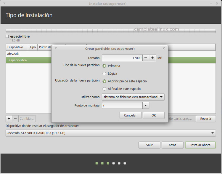 Instalacion de linux-mint-18-Mate - crear particíon de datos