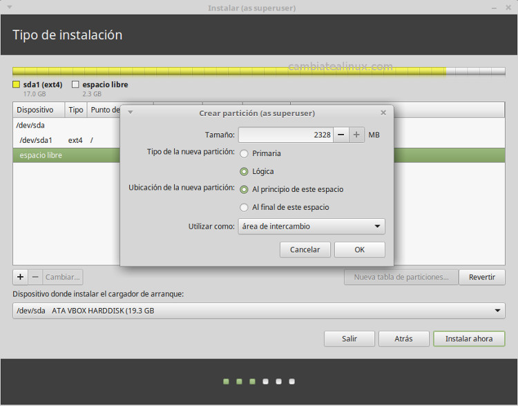 Instalacion de linux-mint-18-Mate - crear particíon de swap