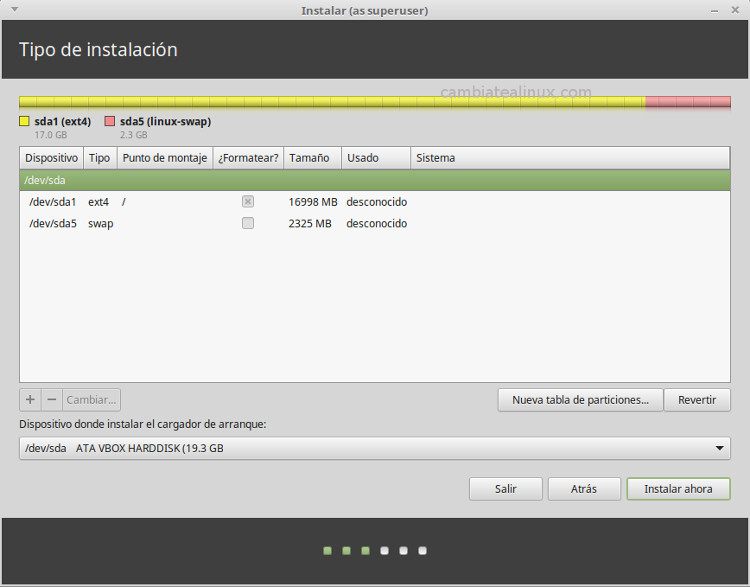 Instalacion de linux-mint-18-Mate - Particiones creadas