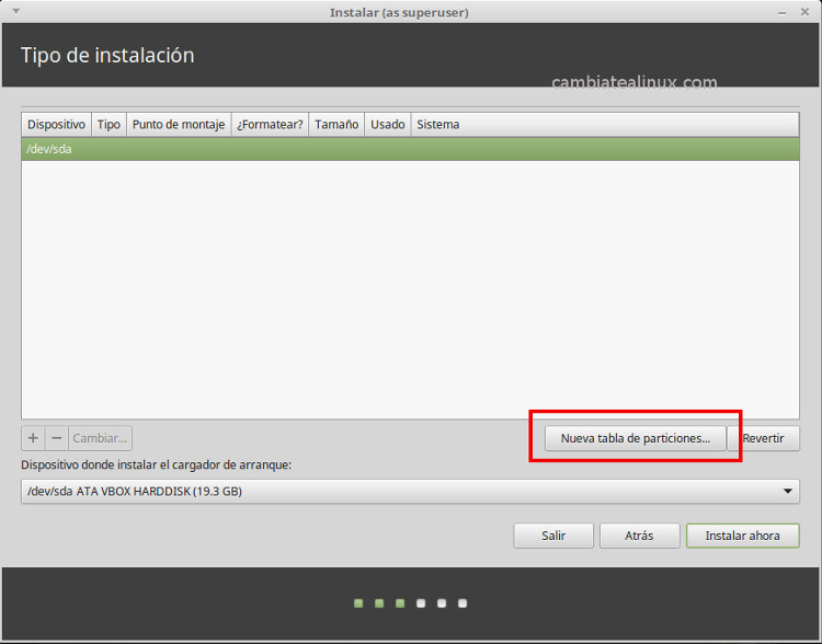 Instalacion de linux-mint-18-Mate - crear tabla de particiones del disco