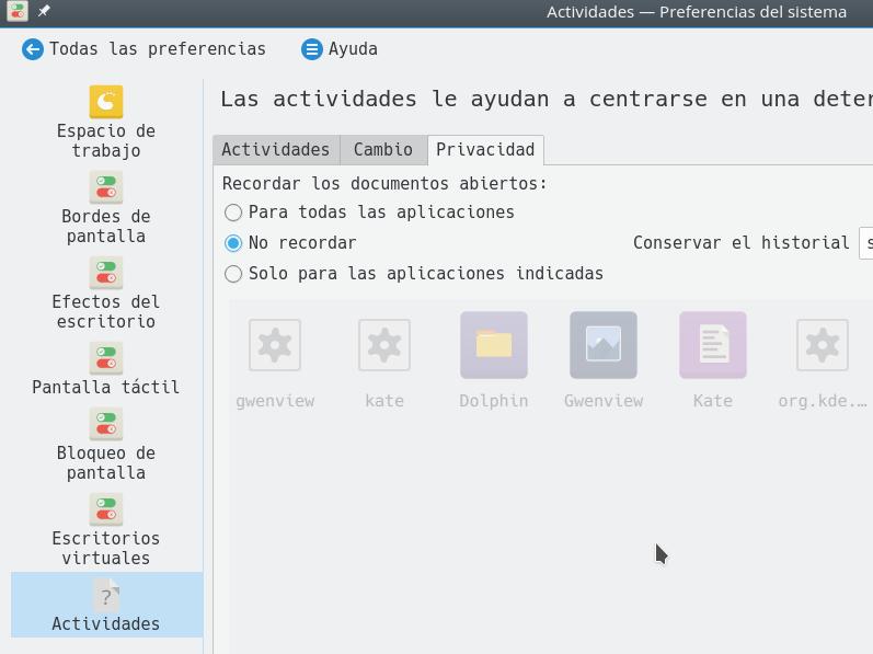 Preferencias del sistema - actividades