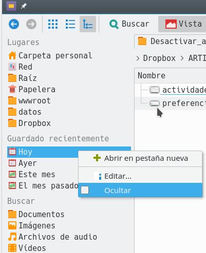 Dolphin - ocultar archivos recientes