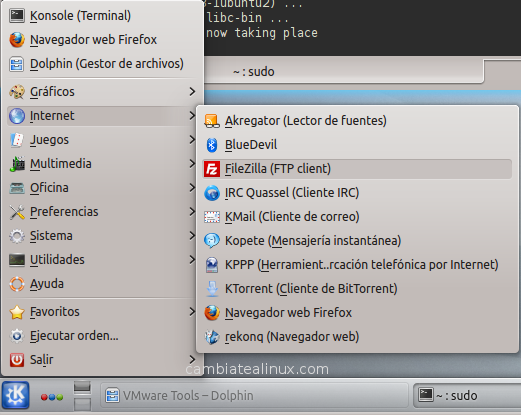 Filezilla instalado en el menu->internet Filezilla instalado en el menu->internet