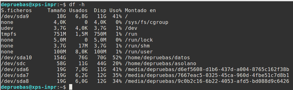 Mostrar espacio en disco y unidades montadas