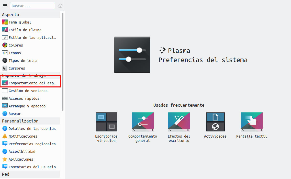 Preferencias del sistema - Comportamiento del espacio de trabajo Menú de KDE - Preferencias del sistema - Comportamiento del espacio de trabajo