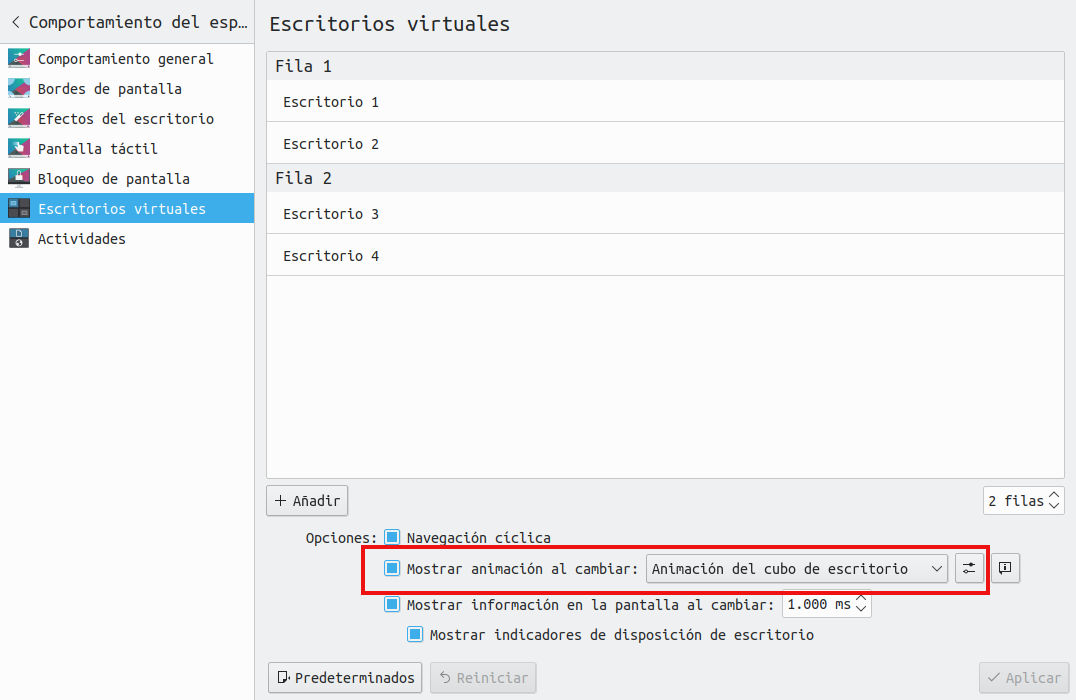 Menú de KDE - Preferencias del sistema - Escritorios virtuales - mostrar animaciones