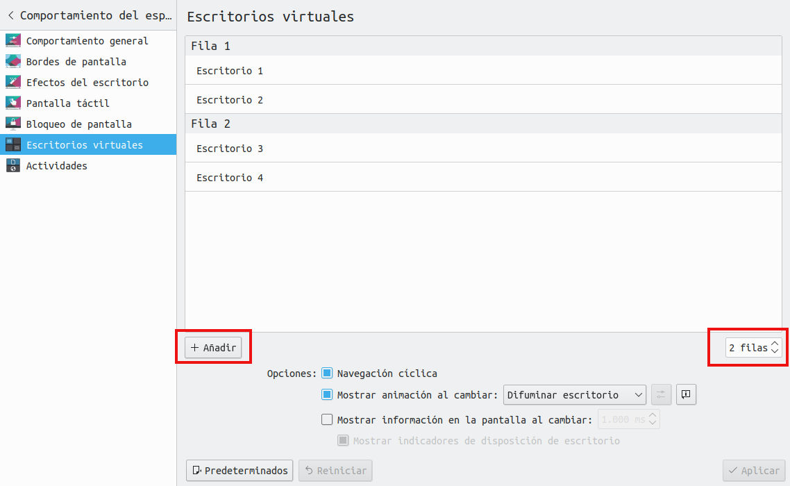 Menú de KDE - Preferencias del sistema - Escritorios virtuales