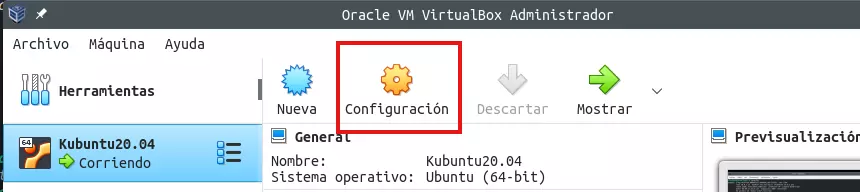 Opciones de configuración de virtualbox