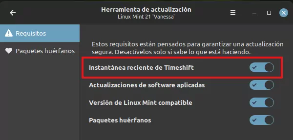 Actualización Linux Mint 20.3 a 21 - Desactivar timeshift