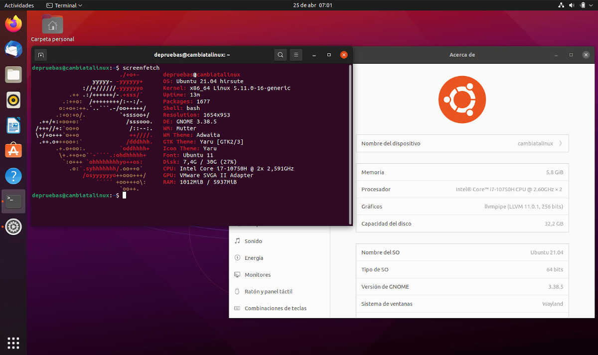 Escritorio de Ubuntu GNOME 21.04