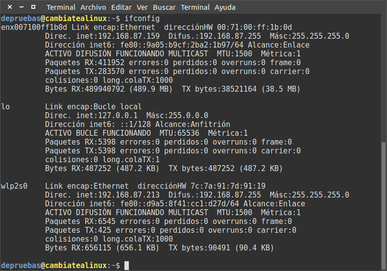 ifconfig - muestra información de las redes ifconfig - muestra información de las redes