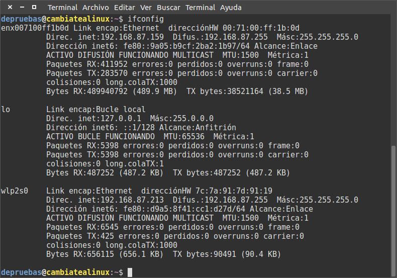 ifconfig - muestra información de las redes