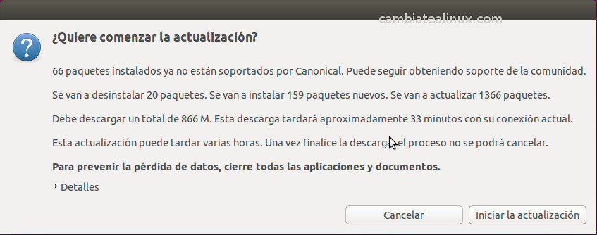 Mensaje de actualización Mensaje de actualización a 16.04