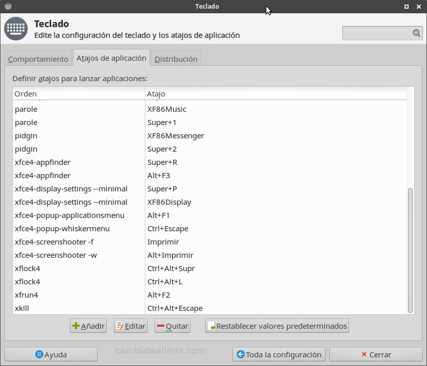 Menu - Configuracion - Atajos del teclado