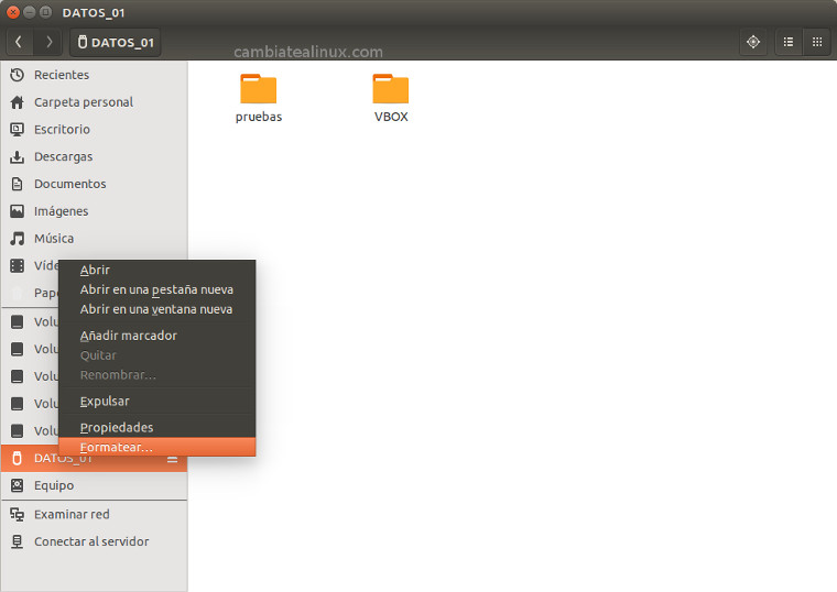 Explorador de archivos - menú click derecho Explorador de Archivos, menú click derecho para formatear