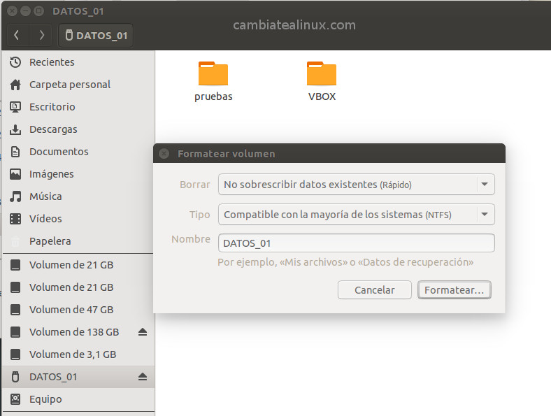 Menú formatear Menú para formatear unidades
