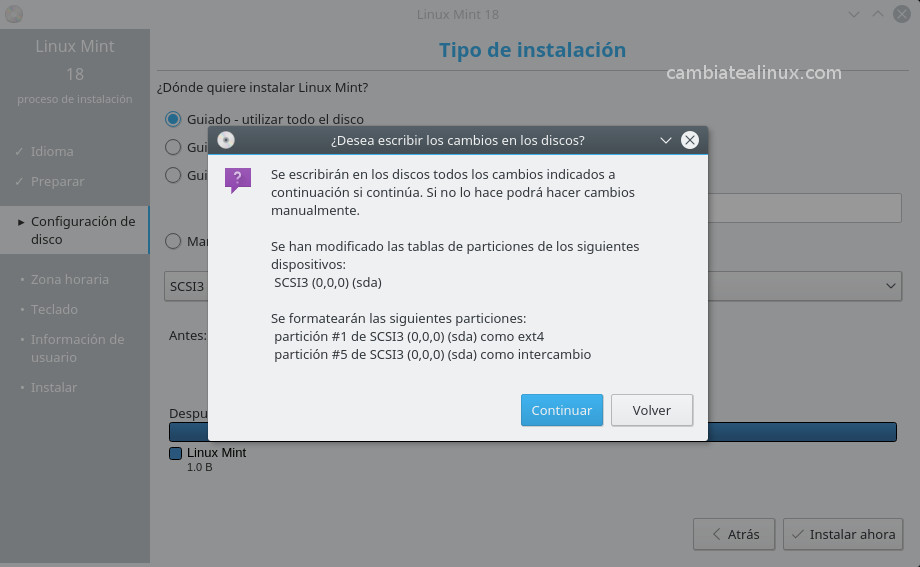 Instalacion de linux-mint-18-KDE - Particiones creadas