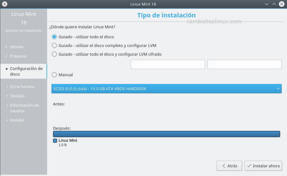 Instalacion de linux-mint-18-KDE Instalacion de linux-mint-18-KDE - Particionado del disco