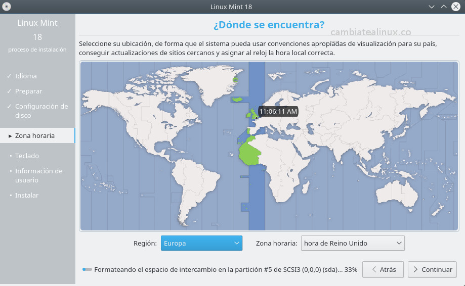 Instalacion de linux-mint-18-KDE - Seleccion del pais