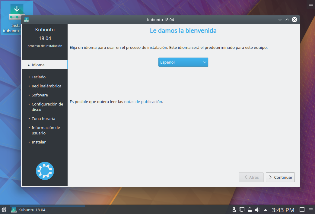 Instalacion de kubuntu 18.04 - seleccion idioma