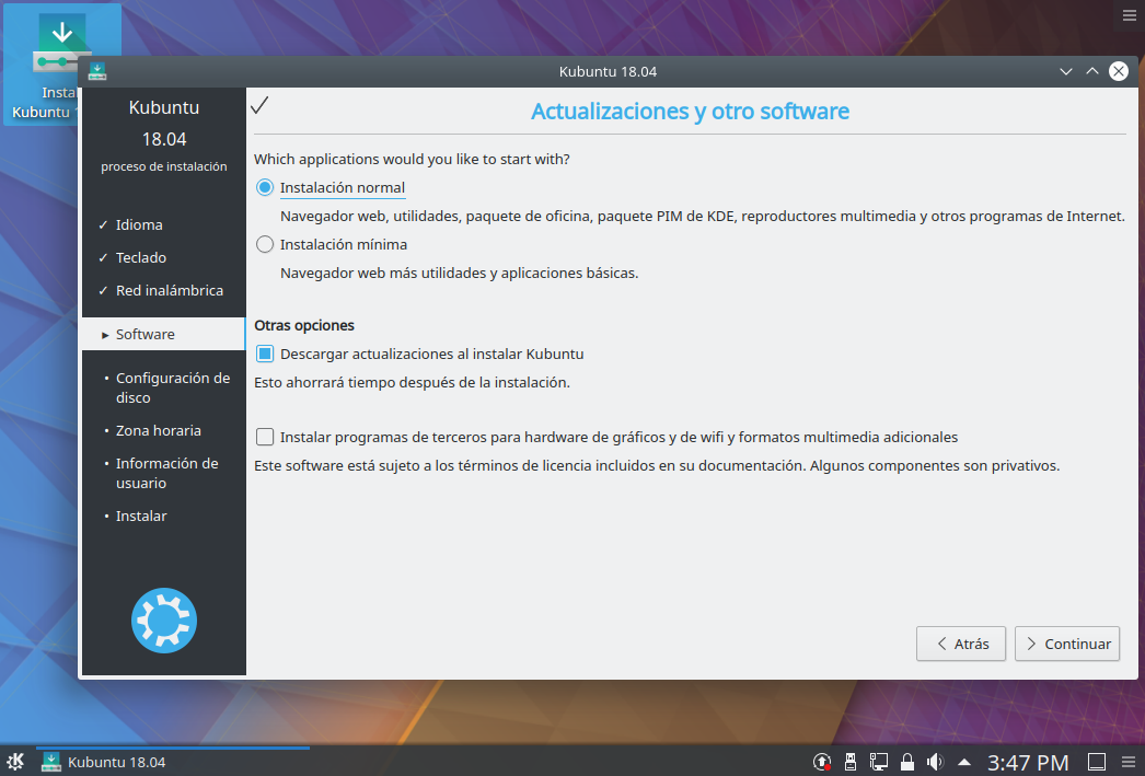 Instalacion de kubuntu 18.04 - seleccion de software de terceros Instalacion de kubuntu 18.04 - seleccion software de terceros