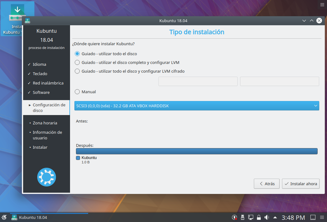 Instalacion de kubuntu 18.04 - seleccion particion de instalacion