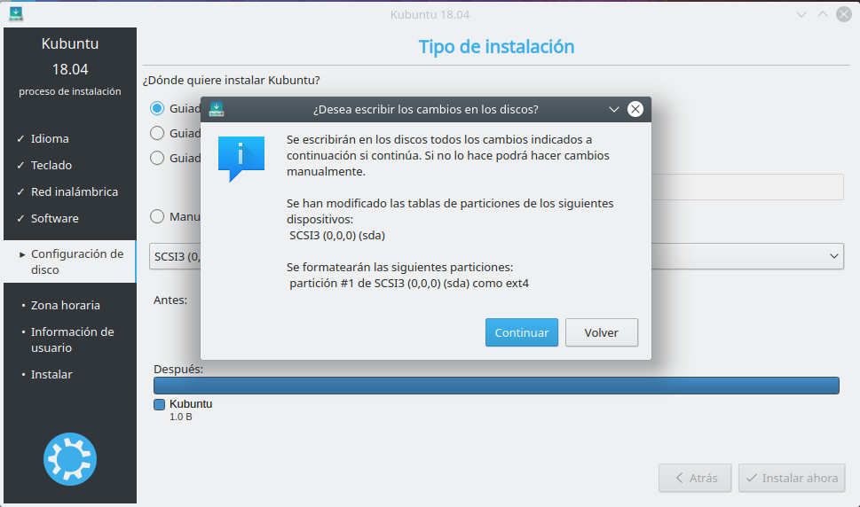 Instalacion de kubuntu 18.04 - seleccion particion de instalacion