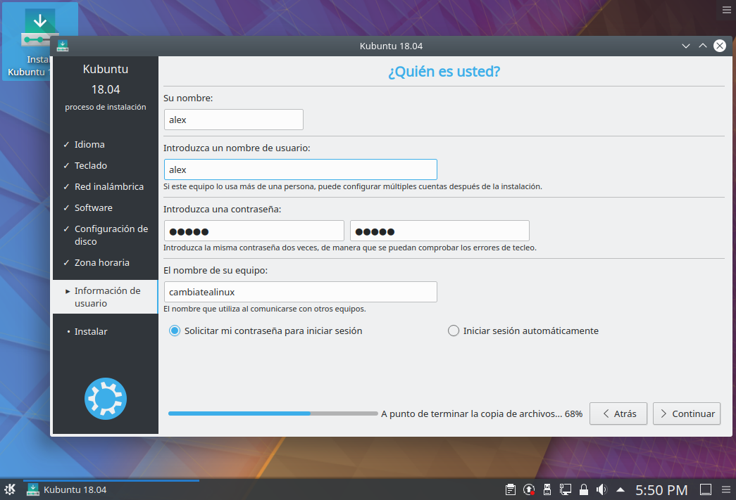 Instalacion de kubuntu 18.04 - datos de usuario