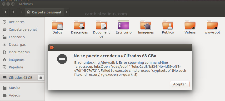 Error al acceder a un disco cifrado Error al acceder a un disco cifrado