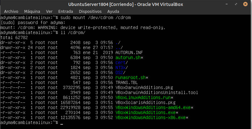 Instalar Guest Additions de VirtualBox - listado del directorio del cdrom