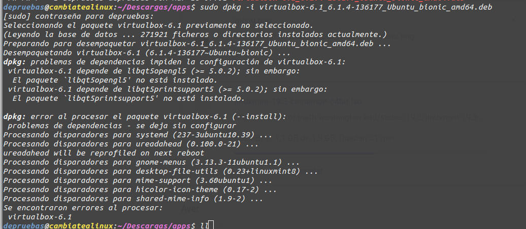 Error de dependencias instalando Virtualbox