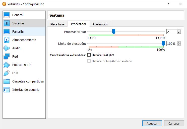 Nueva maquina virtual- seleccionamos procesadores