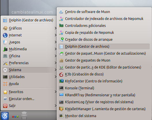 Inicio->Sistema->Dolphin - Explorador de archvios Inicio->Sistema->Dolphin - Explorador de archvios