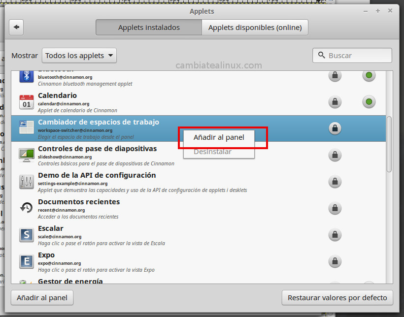 Configuración del sistema - añadir applets
