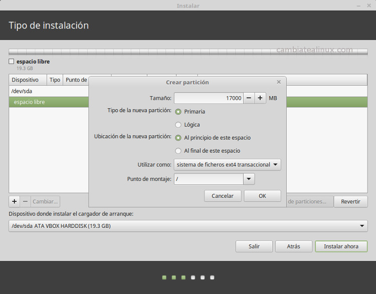 Instalacion de linux-mint-18-cinnamon - crear particíon de datos