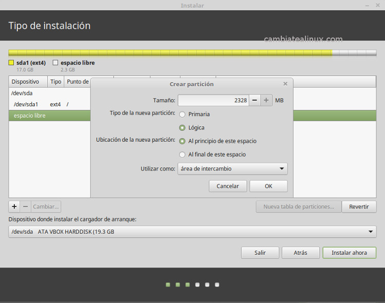 Instalacion de linux-mint-18-cinnamon - crear particíon de swap