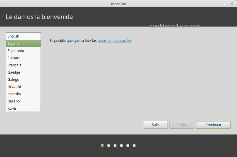 IInstalacion de Linux Mint 18 - Cinnamon  - seleccion idioma