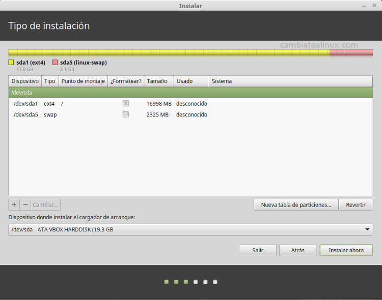 Instalacion de linux-mint-18-cinnamon - Particiones creadas