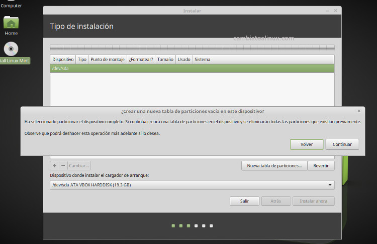 Instalacion de linux-mint-18-cinnamon - crear tabla de particiones del disco