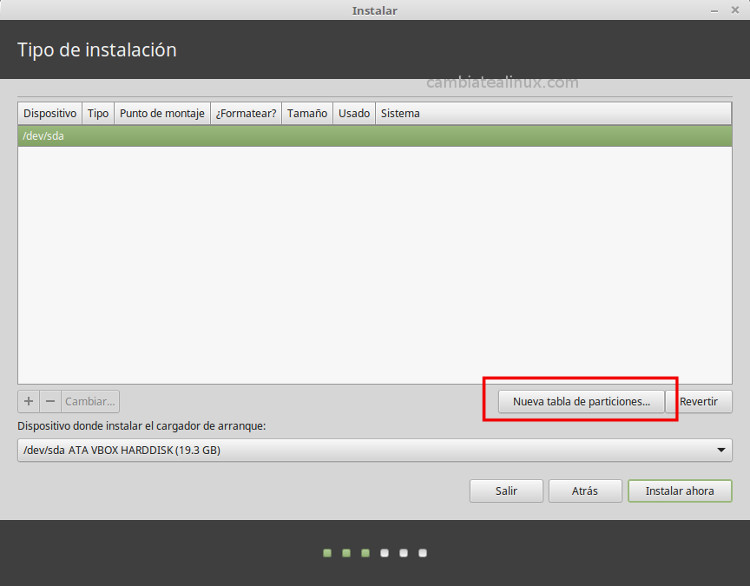 Instalacion de linux-mint-18-cinnamon - crear tabla de particiones del disco