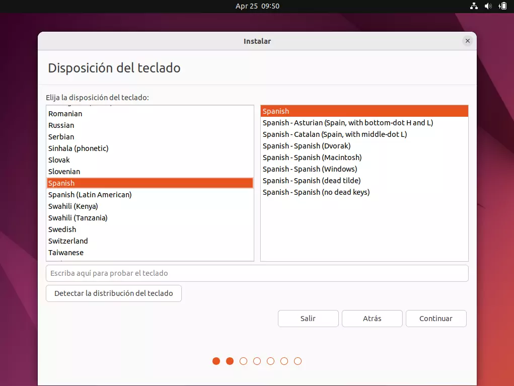 Instalacion de Ubuntu - selección del idioma del teclado