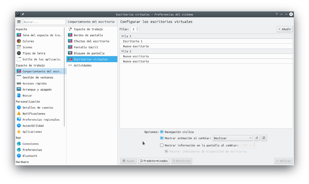 Preferencias del sistema - escritorios virtuales KDE Preferencias del sistema - Escritorios virtuales KDE