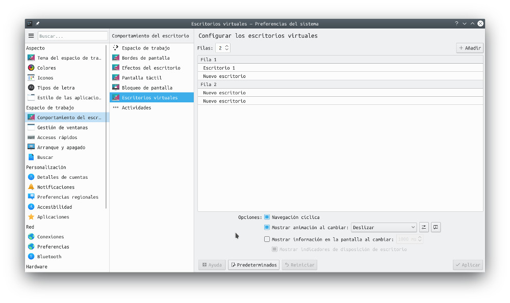 Preferencias del sistema - Escritorios virtuales KDE