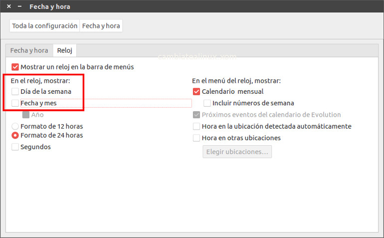 Panel de ubuntu - configuración fecha y hora
