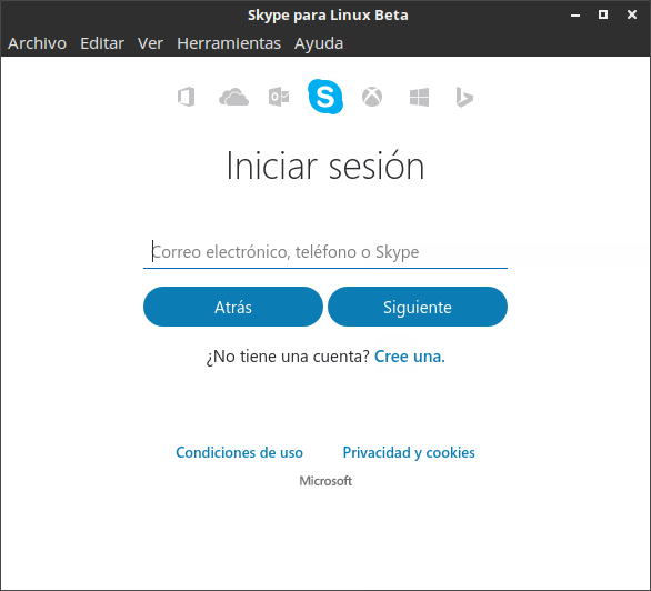 Pantalla de login de skype