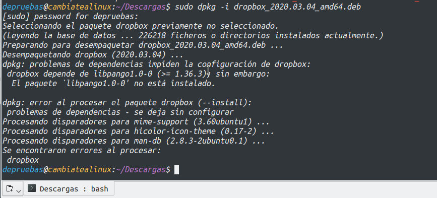 Error al instalar Dropbox