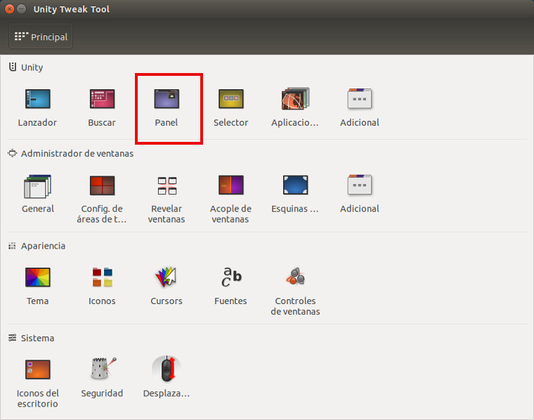 Unity Tweak Tool - Seleccionamos Panel