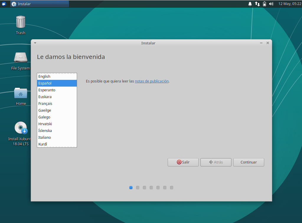 Instalacion de xubuntu 18.04 - seleccion del idioma de instalacion Instalacion de xubuntu 18.04 - seleccion idioma