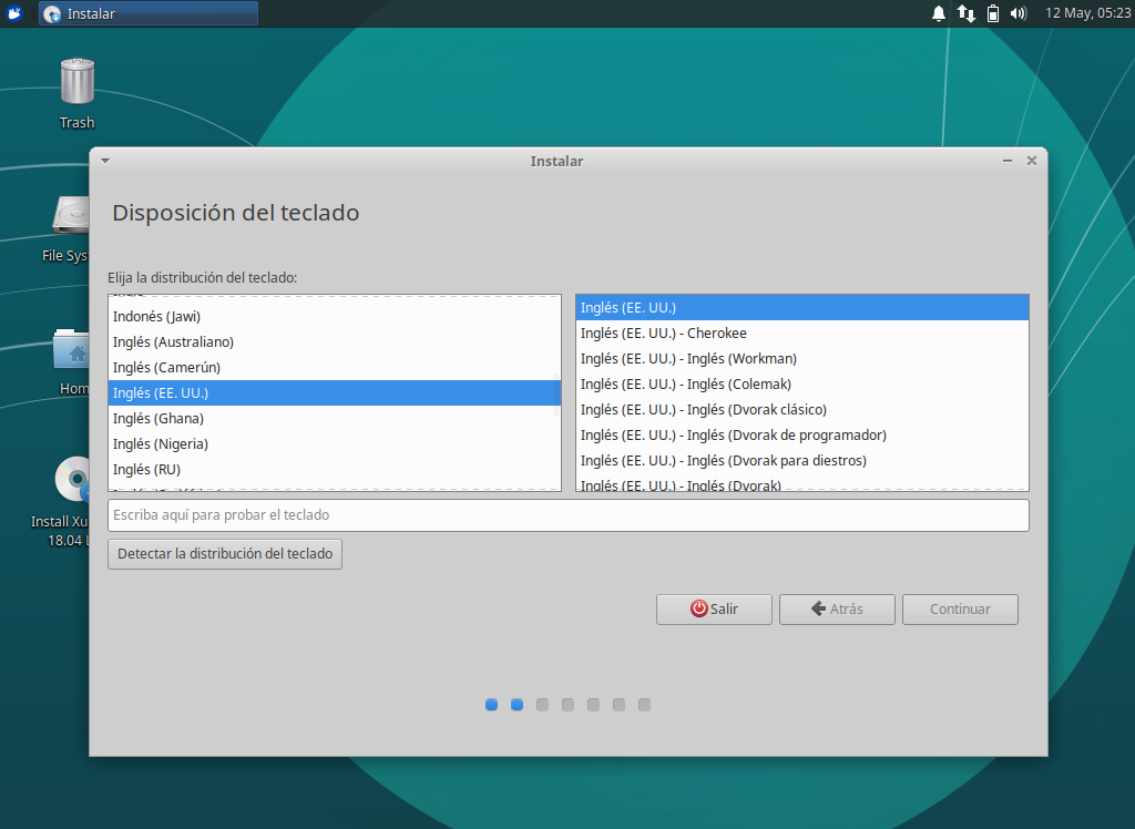 Instalacion de xubuntu 18.04 - seleccion del idioma del teclado Instalacion de xubuntu 18.04 - seleccion idioma del teclado